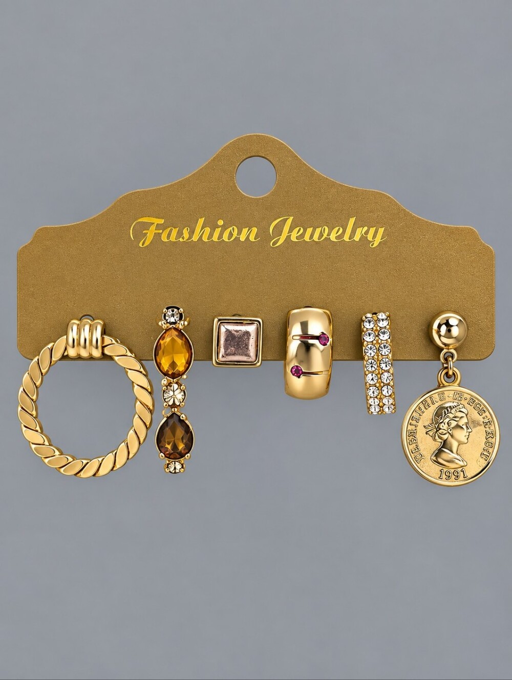 Vintage Set of Six Single Goldtone Mixed Hoop and Posts Earring Set